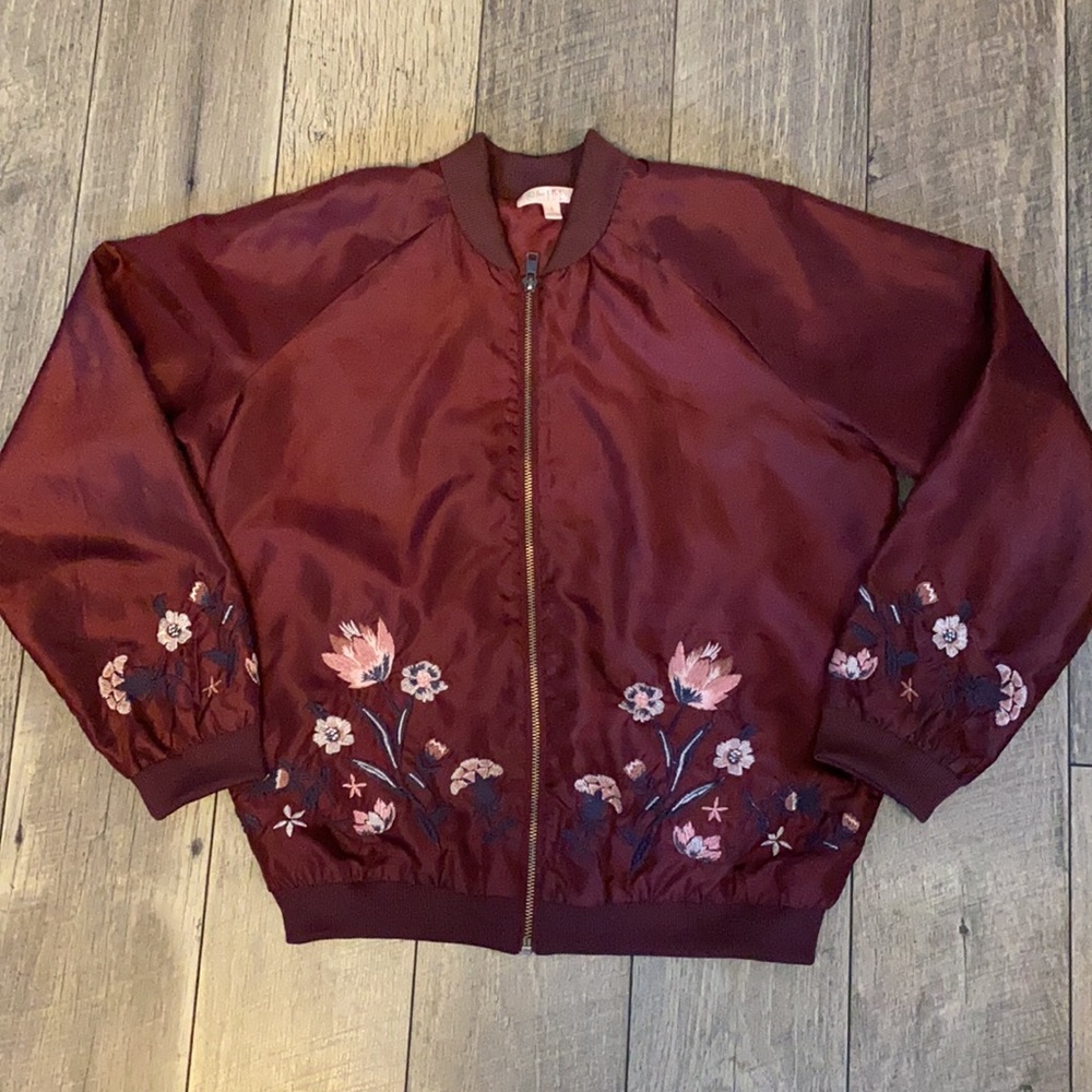 Burgundy Embroidered Floral Bomber Jacket - L